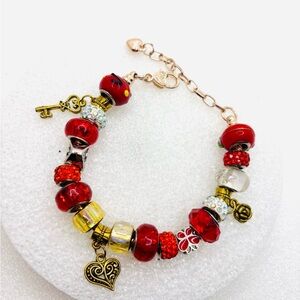 Elegant Red & Gold Charm Bracelet Beads & Various Styles of Charms - Adjustable